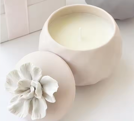 Pottry Jar Candle Ceramic Bowl Candle with Flower Lid