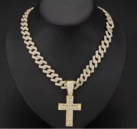 Gold Plated Alloy & Bling Rhinestone Cross Necklace
