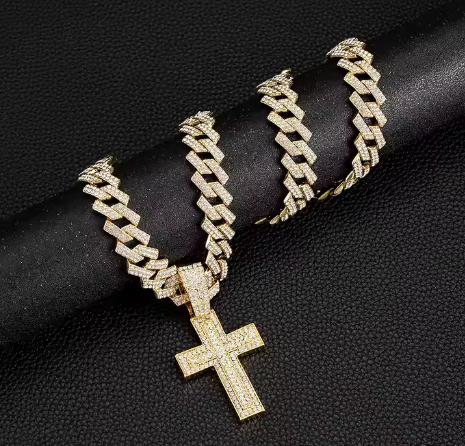 Gold Plated Alloy & Bling Rhinestone Cross Necklace