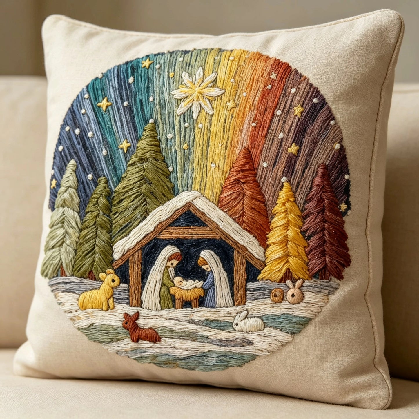 The Manger Night Under Starry Hues Embroidered Throw Pillow Cover 18x18 Inch with Zipper for Living Room Couch Sofa Bed