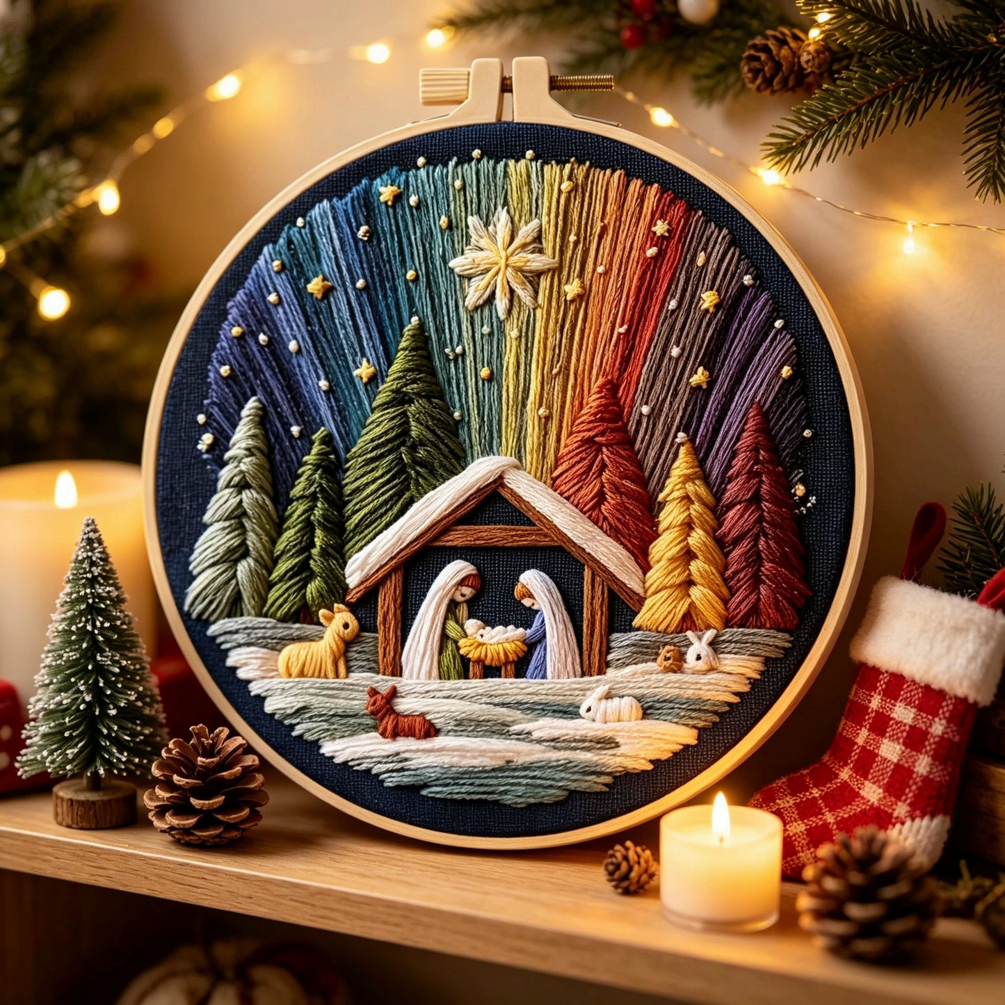The Manger Night Under Starry Hues DIY Embroidery Kit with Stamped Pattern,Cotton Threads,Needles & Hoop