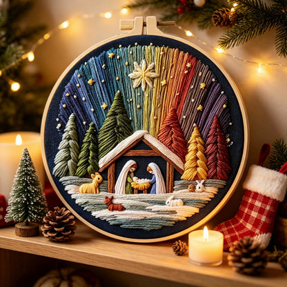 The Manger Night Under Starry Hues DIY Embroidery Kit with Stamped Pattern,Cotton Threads,Needles & Hoop
