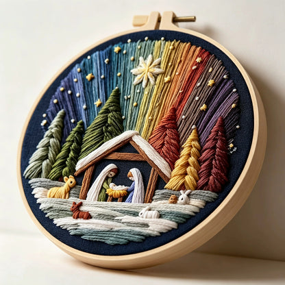The Manger Night Under Starry Hues DIY Embroidery Kit with Stamped Pattern,Cotton Threads,Needles & Hoop