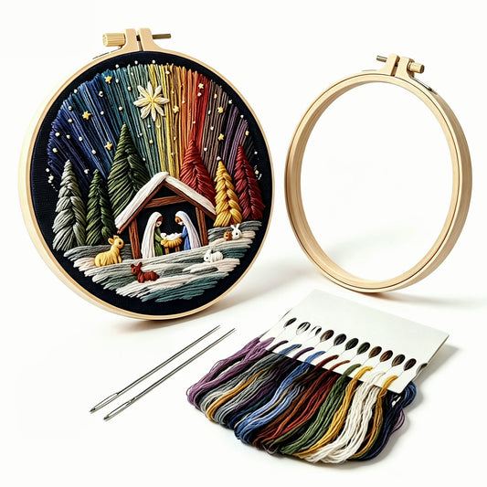 The Manger Night Under Starry Hues DIY Embroidery Kit with Stamped Pattern,Cotton Threads,Needles & Hoop
