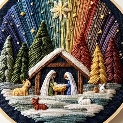 The Manger Night Under Starry Hues DIY Embroidery Kit with Stamped Pattern,Cotton Threads,Needles & Hoop