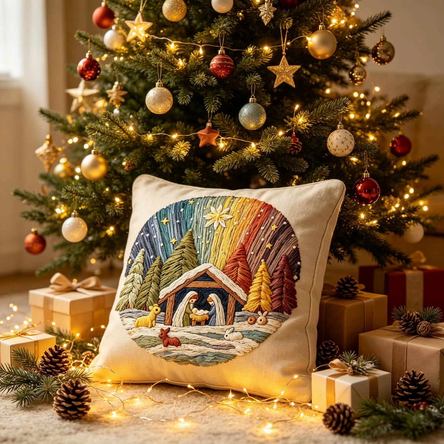 The Manger Night Under Starry Hues Embroidered Throw Pillow Cover 18x18 Inch with Zipper for Living Room Couch Sofa Bed
