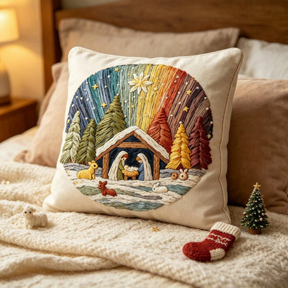 The Manger Night Under Starry Hues Embroidered Throw Pillow Cover 18x18 Inch with Zipper for Living Room Couch Sofa Bed